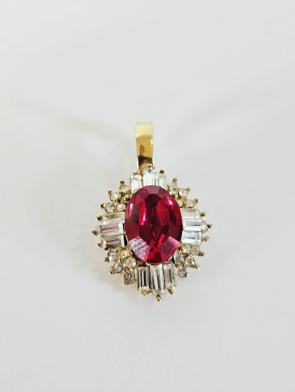 Vintage Red Rhinestone Baguette Cluster Ballerina Gold Tone Enhancer Pendant